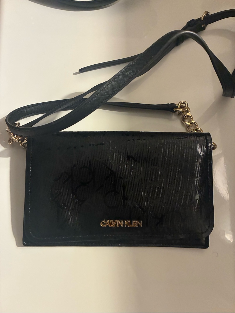 Calvin Klein Black Logo Crossbody Wallet with Gold Hardware